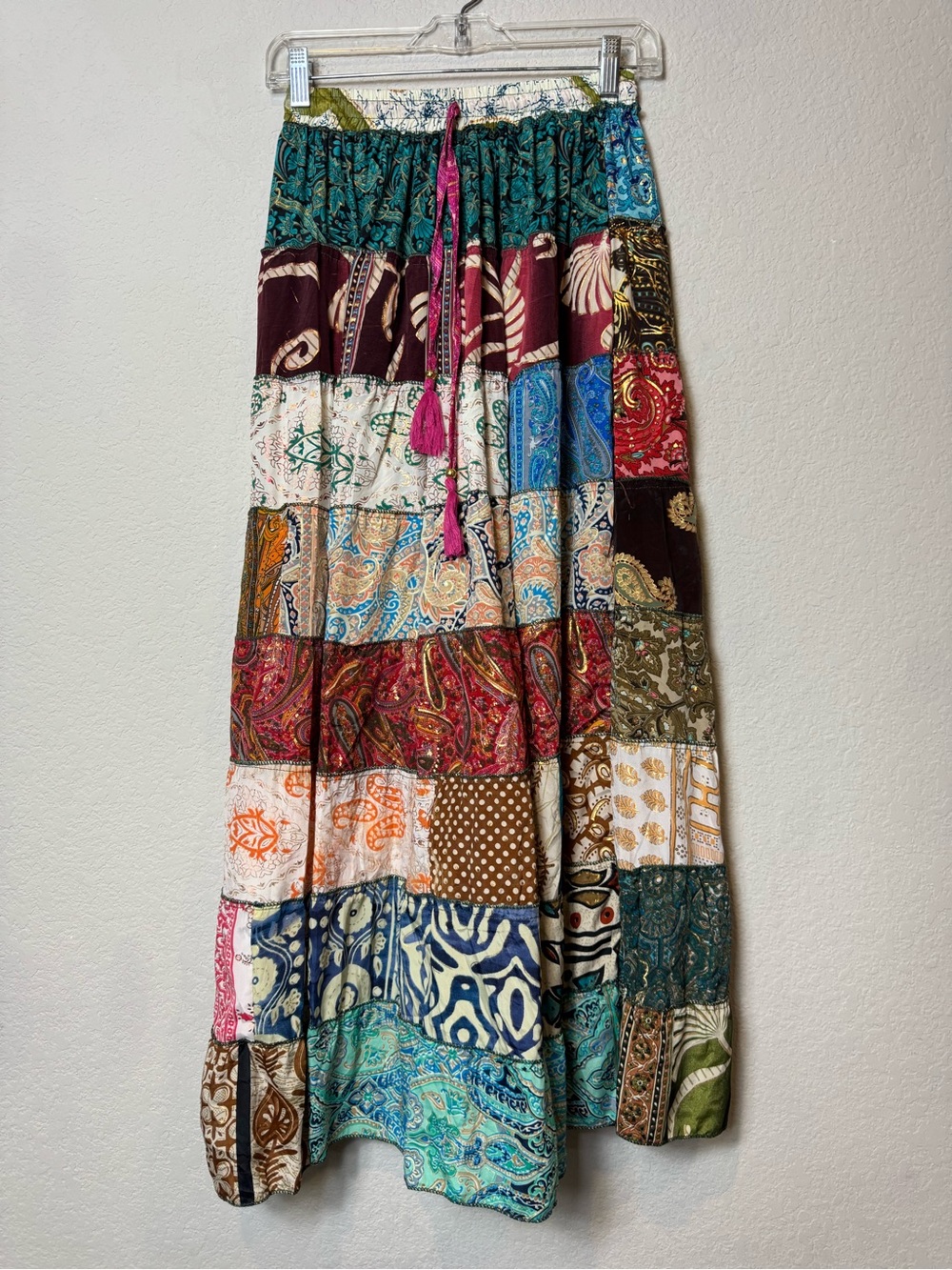 Bohemian Patchwork Maxi Skirt - Teal Multi Vintage Silk Sari Fabric Artisan OS